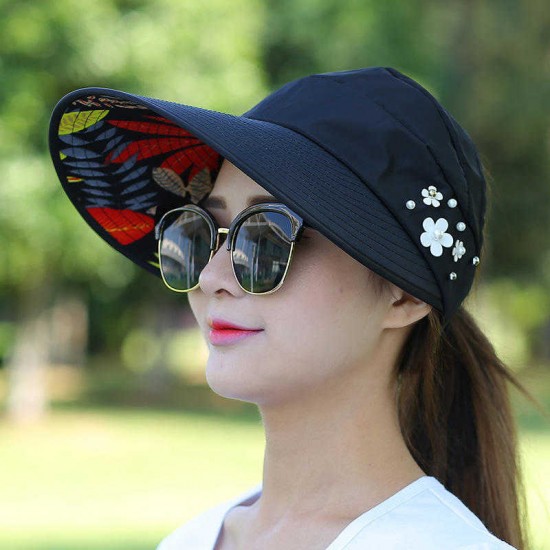 Women Ladies Summer Outdoor Anti-UV Beach Sunscreen Sun Hat Flower Print Caps