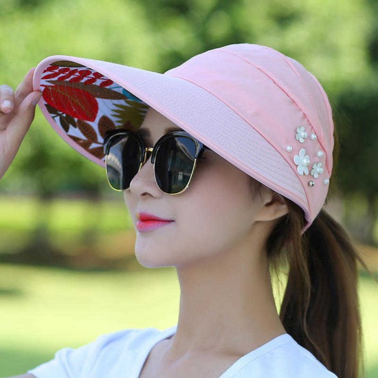 Women Ladies Summer Outdoor Anti-UV Beach Sunscreen Sun Hat Flower Print Caps