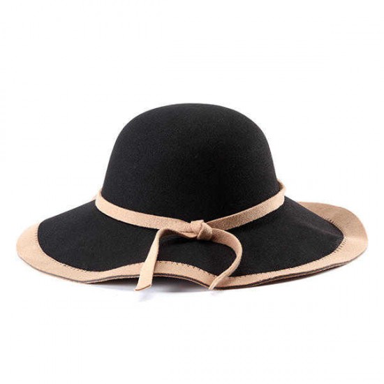 Women Ladies Vintage Wool Felt Flat Wide Brim Top Cap Bow Band Jazz Hat