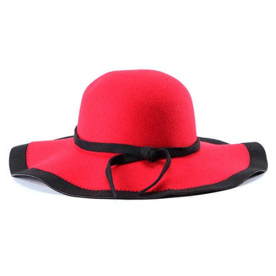 Women Ladies Vintage Wool Felt Flat Wide Brim Top Cap Bow Band Jazz Hat