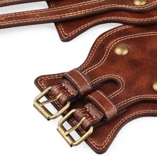 Women Lady  Crazy Horse PU Leather Needle Buckle Elastic Wide Belt Brown Color Wristband Strap