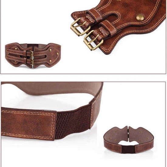 Women Lady  Crazy Horse PU Leather Needle Buckle Elastic Wide Belt Brown Color Wristband Strap