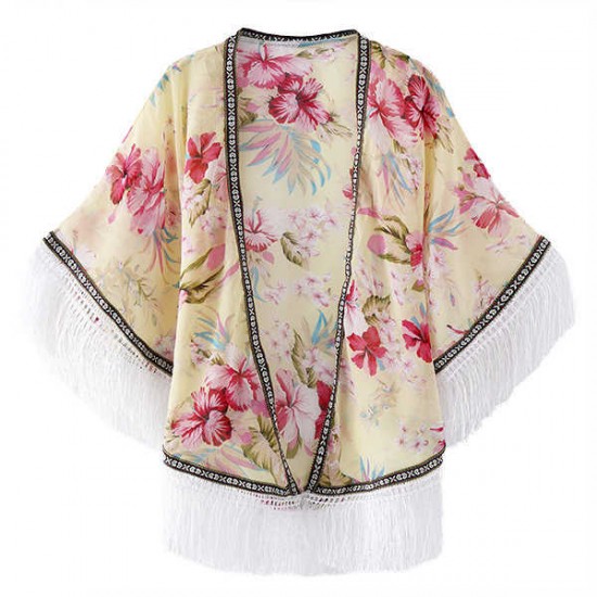 Women Laides Chiffon Flower Printed Tassel Sunscreen Scarf Multifunction Floral Beach Shawls