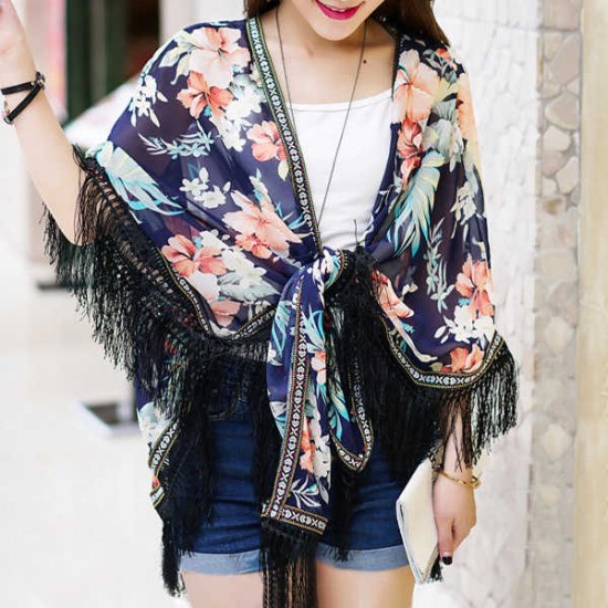 Women Laides Chiffon Flower Printed Tassel Sunscreen Scarf Multifunction Floral Beach Shawls