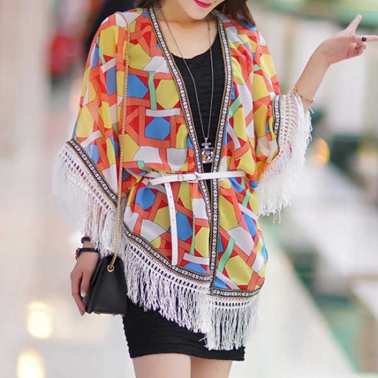 Women Laides Chiffon Flower Printed Tassel Sunscreen Scarf Multifunction Floral Beach Shawls