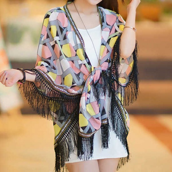 Women Laides Chiffon Flower Printed Tassel Sunscreen Scarf Multifunction Floral Beach Shawls