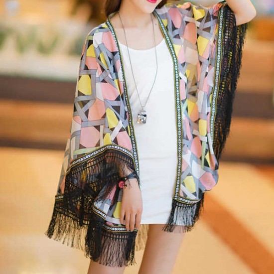 Women Laides Chiffon Flower Printed Tassel Sunscreen Scarf Multifunction Floral Beach Shawls