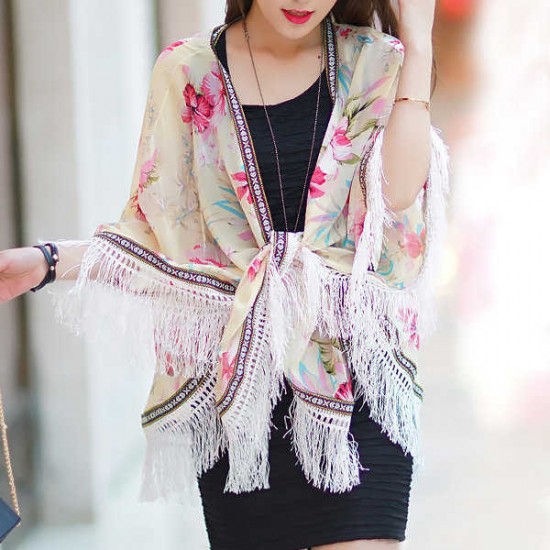 Women Laides Chiffon Flower Printed Tassel Sunscreen Scarf Multifunction Floral Beach Shawls