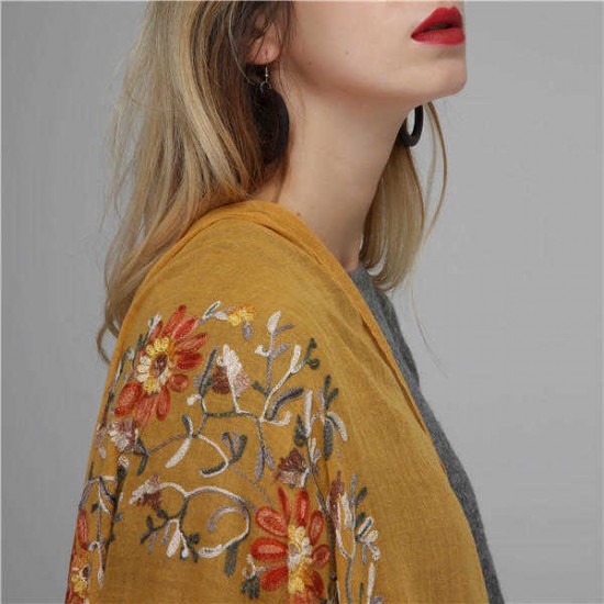 Women Linen Handcraft Embroidery Printting Scarves Fashion Summer Outdoor Flower Shawl Scarf