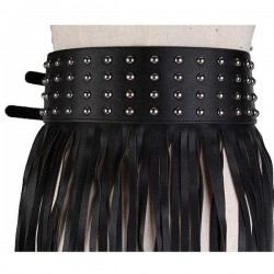 Women Long Fringe Belt Black PU Leather Belts Rivet Long Tassels Pin Buckle Belt