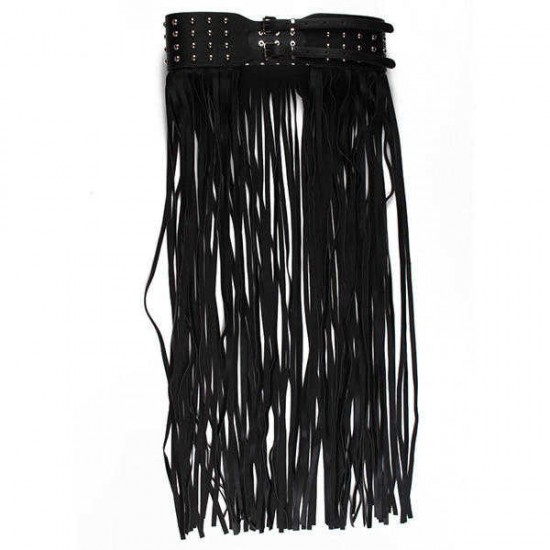 Women Long Fringe Belt Black PU Leather Belts Rivet Long Tassels Pin Buckle Belt