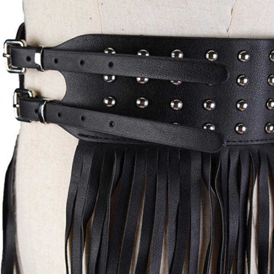 Women Long Fringe Belt Black PU Leather Belts Rivet Long Tassels Pin Buckle Belt