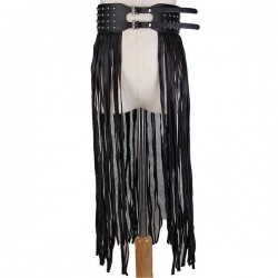 Women Long Fringe Belt Black PU Leather Belts Rivet Long Tassels Pin Buckle Belt