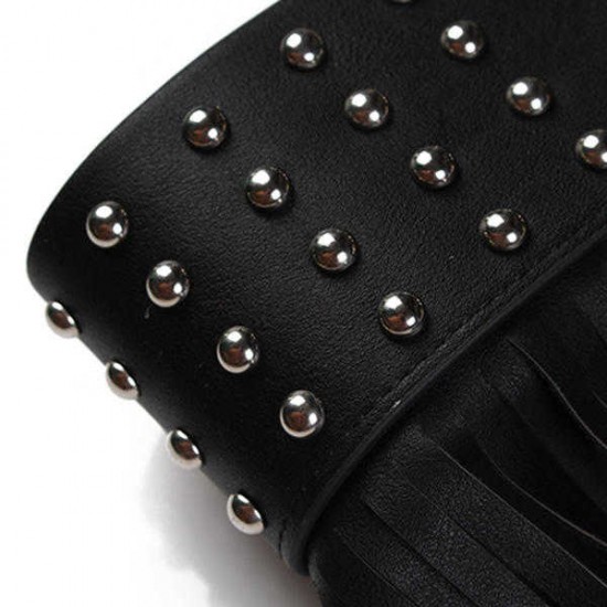 Women Long Fringe Belt Black PU Leather Belts Rivet Long Tassels Pin Buckle Belt