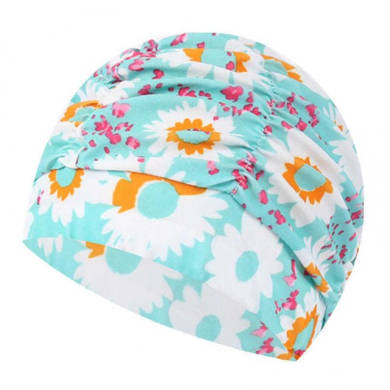 Women Men Plus Size Folding Nylon Print Flexible Swimming Cap Protection Long Hair Cloth Bathing Cap