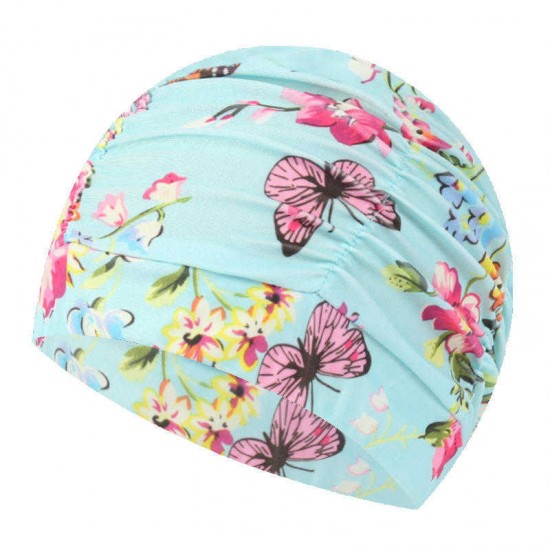 Women Men Plus Size Folding Nylon Print Flexible Swimming Cap Protection Long Hair Cloth Bathing Cap