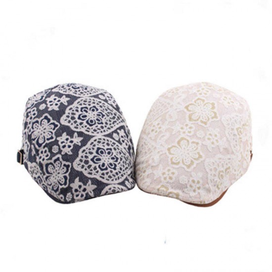 Women Mesh Breathable Lace Beret Hat Embroidery Flowers Thin Sunscreen Leather Cap