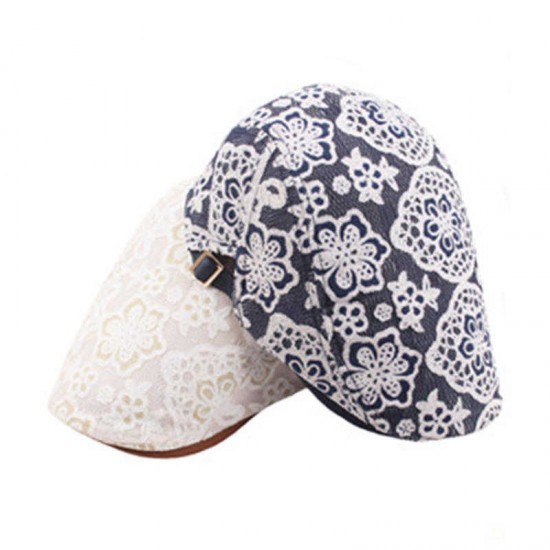 Women Mesh Breathable Lace Beret Hat Embroidery Flowers Thin Sunscreen Leather Cap