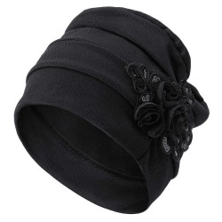 Women Monochrome Side-mounted Sequined Flower Headband Cap Turban Hat Cotton Casual Breathable Head Caps