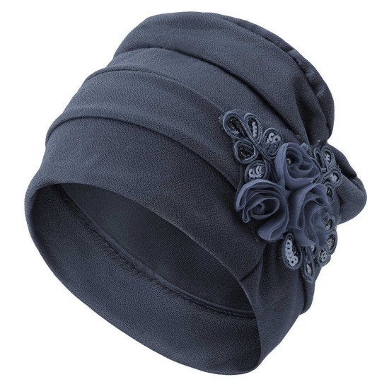 Women Monochrome Side-mounted Sequined Flower Headband Cap Turban Hat Cotton Casual Breathable Head Caps