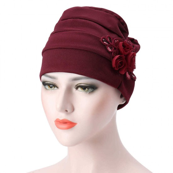 Women Monochrome Side-mounted Sequined Flower Headband Cap Turban Hat Cotton Casual Breathable Head Caps