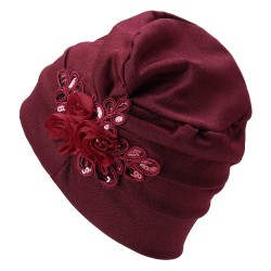 Women Monochrome Side-mounted Sequined Flower Headband Cap Turban Hat Cotton Casual Breathable Head Caps