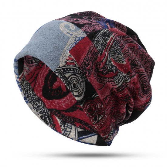 Women Multi-purpose Ethnic Style Beanie Cap Scarf Vintage Double Layers Cotton Skull Hat