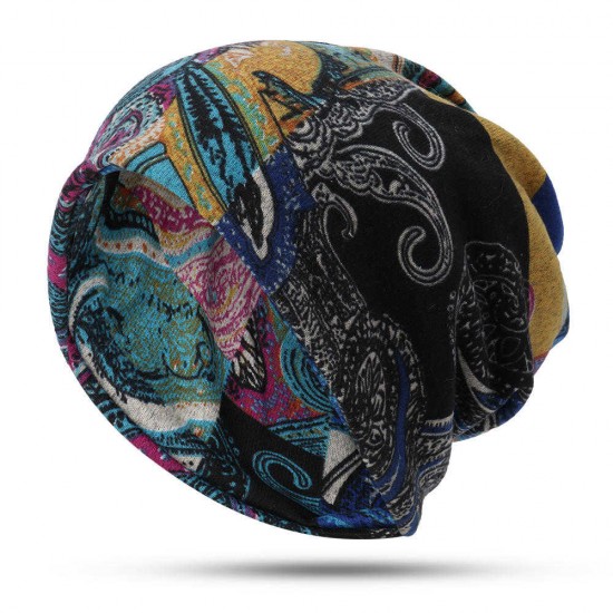 Women Multi-purpose Ethnic Style Beanie Cap Scarf Vintage Double Layers Cotton Skull Hat