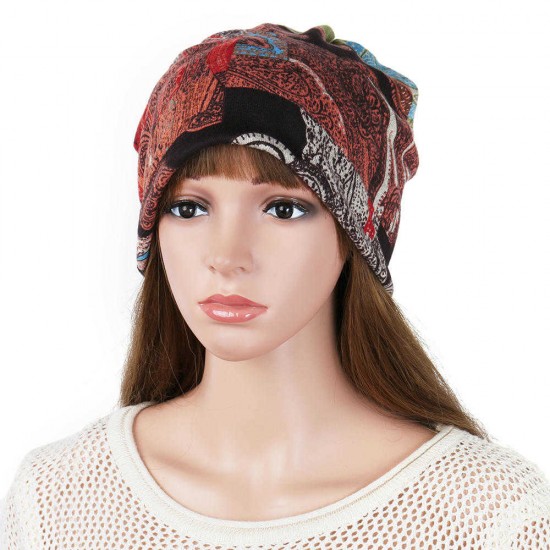 Women Multi-purpose Ethnic Style Beanie Cap Scarf Vintage Double Layers Cotton Skull Hat