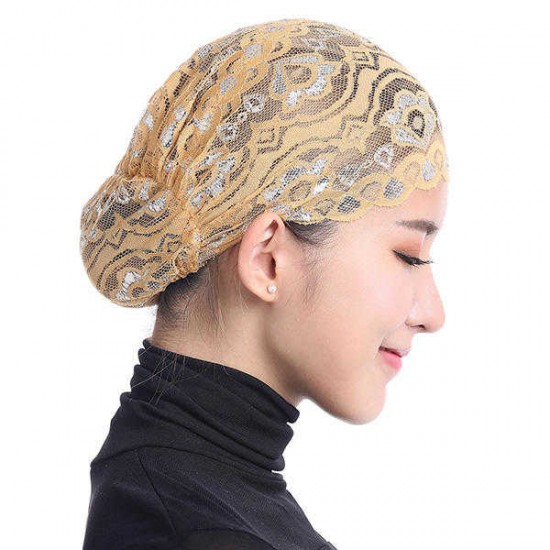 Women Muslim Shiny Lace Head Coverings Headscarf Hat Islamic HeadWear Cap Scarf Hijab Undercaps