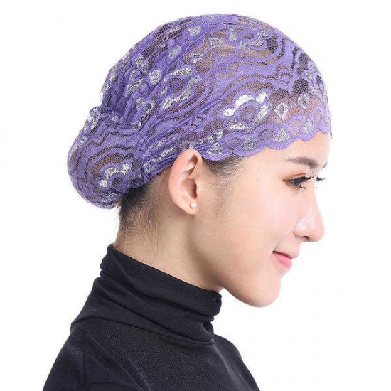 Women Muslim Shiny Lace Head Coverings Headscarf Hat Islamic HeadWear Cap Scarf Hijab Undercaps