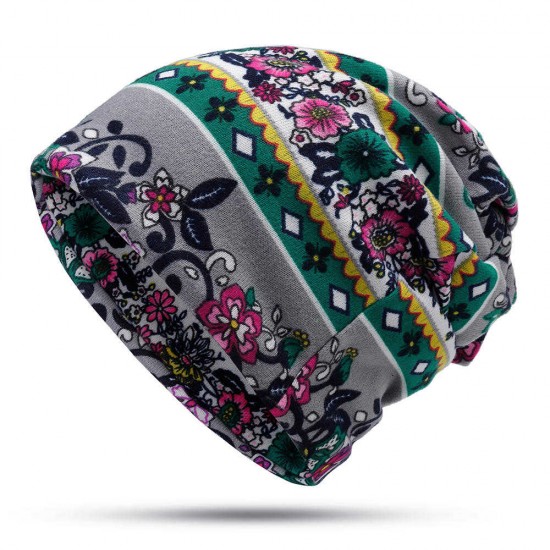 Women Muslin Ethnic Multi-purpose Plus Velvet Double Layers Beanie Hat Scarf Earmuffs Print Skullcap