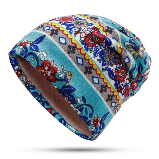 Women Muslin Ethnic Multi-purpose Plus Velvet Double Layers Beanie Hat Scarf Earmuffs Print Skullcap