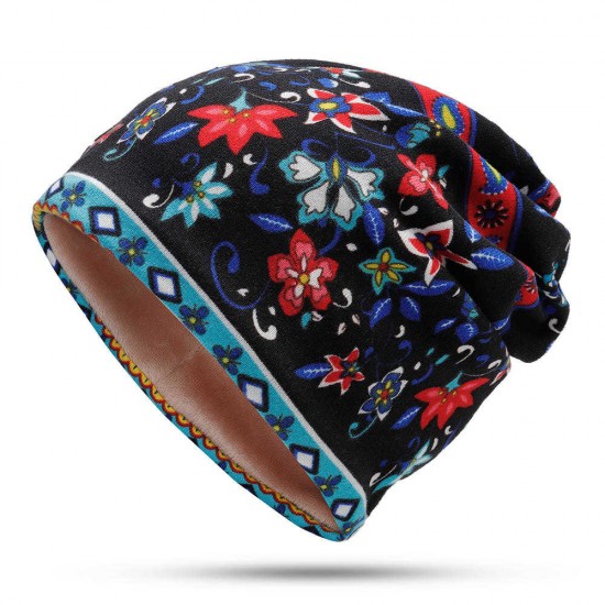 Women Muslin Ethnic Multi-purpose Plus Velvet Double Layers Beanie Hat Scarf Earmuffs Print Skullcap