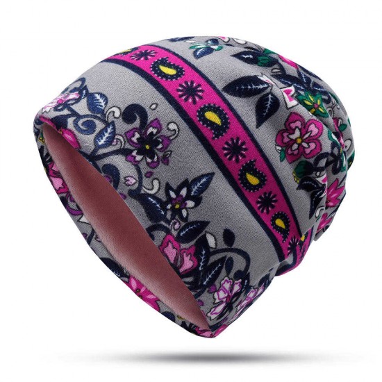 Women Muslin Ethnic Multi-purpose Plus Velvet Double Layers Beanie Hat Scarf Earmuffs Print Skullcap