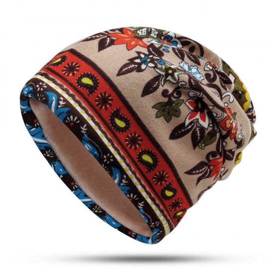 Women Muslin Ethnic Multi-purpose Plus Velvet Double Layers Beanie Hat Scarf Earmuffs Print Skullcap