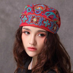 Women Navy Vintage Beanie Hat Ethnic Embroidery Flowers Slouch Cotton Skullcap Cap