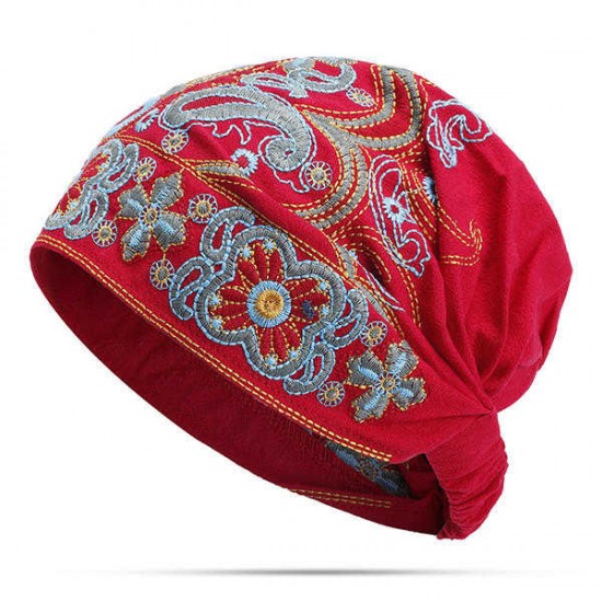 Women Navy Vintage Beanie Hat Ethnic Embroidery Flowers Slouch Cotton Skullcap Cap