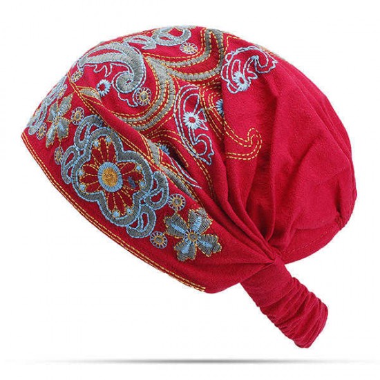 Women Navy Vintage Beanie Hat Ethnic Embroidery Flowers Slouch Cotton Skullcap Cap