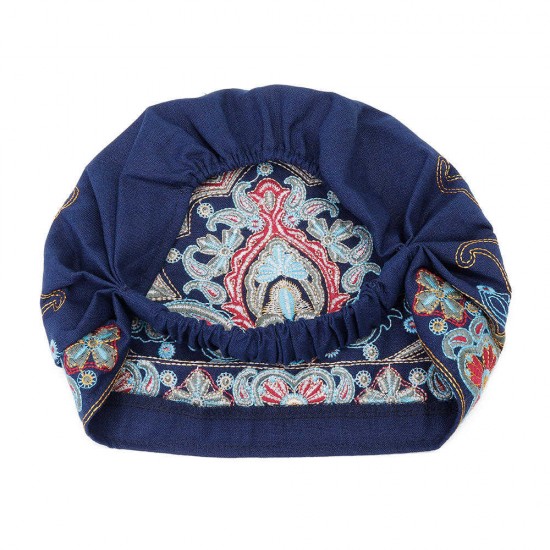 Women Navy Vintage Beanie Hat Ethnic Embroidery Flowers Slouch Cotton Skullcap Cap