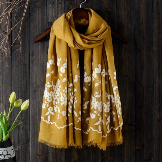 Women Noble Linen Lightweight Embroidery Printed Scarf Spring Soft Shawl Sunscreen Wraps