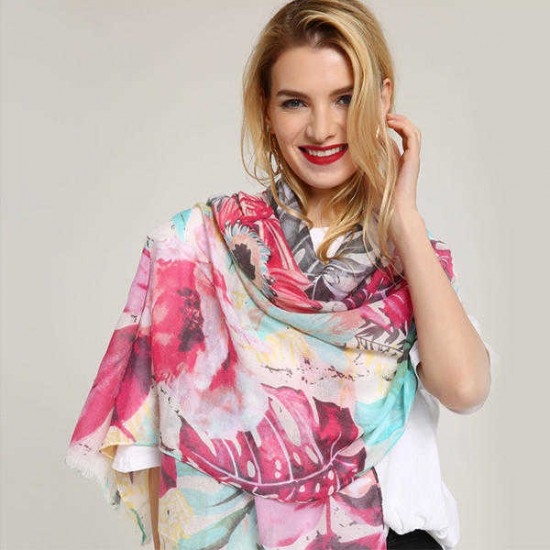 Women Noble Linen Lightweight Sunflower Abstract Painting Scarf Summer Breathable Flower Shawl