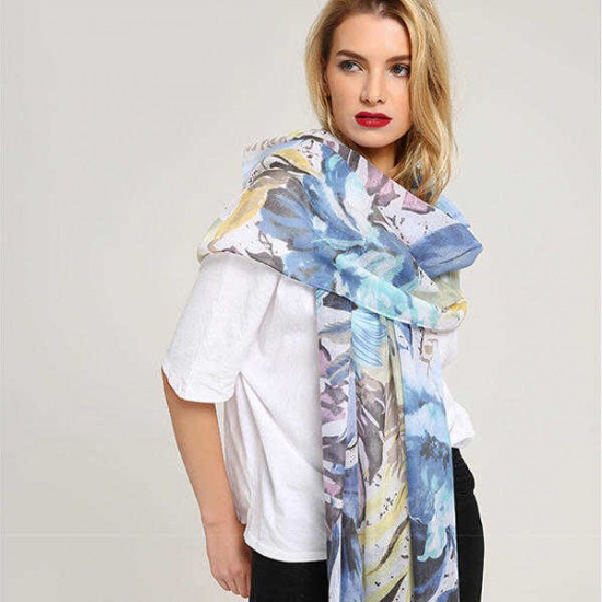 Women Noble Linen Lightweight Sunflower Abstract Painting Scarf Summer Breathable Flower Shawl