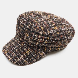 Women Octagonal Hat Tweed Solid Color Lattice Warm Navy Cap Flat Hats