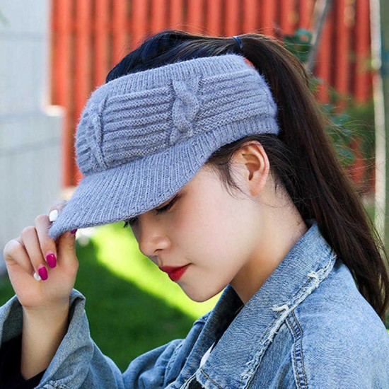 Women Outdoor Sport Fleece Lining Empty Top Knitted Hat Casual Warm Peaked Cap