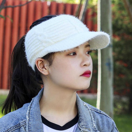 Women Outdoor Sport Fleece Lining Empty Top Knitted Hat Casual Warm Peaked Cap