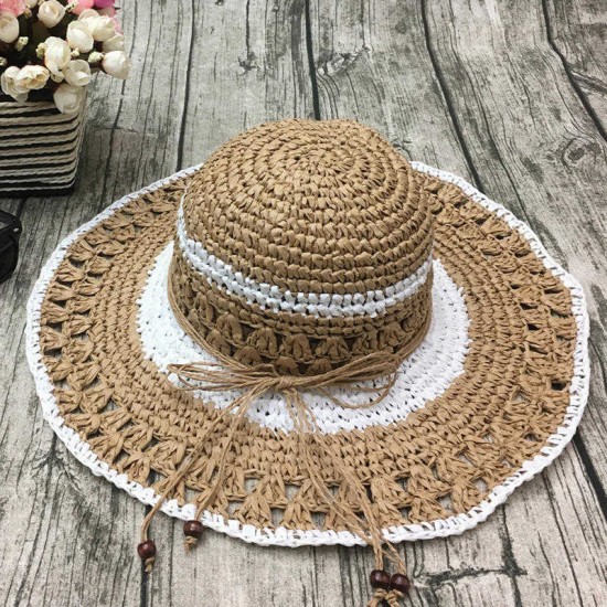 Women Outdoor Summer  Handmake Woven Sun Protection Wide Brimmed Floppy Hat Hollow Out Cap