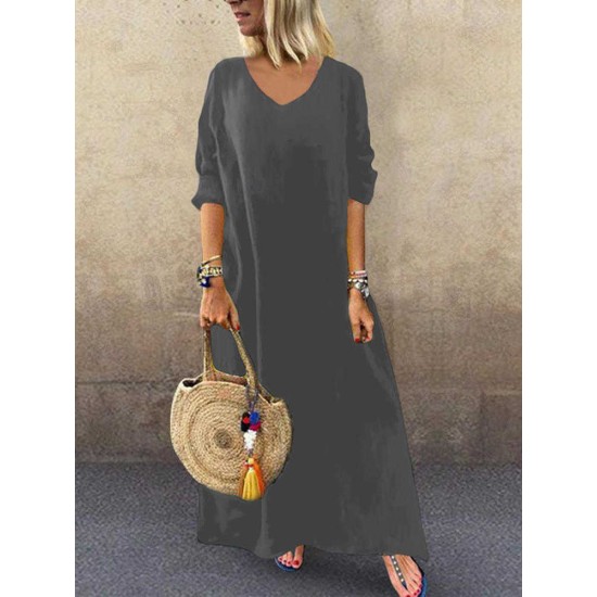 Women Oversized Vintage Loose Long Kaftan Plain Baggy Casual Full Maxi Dress