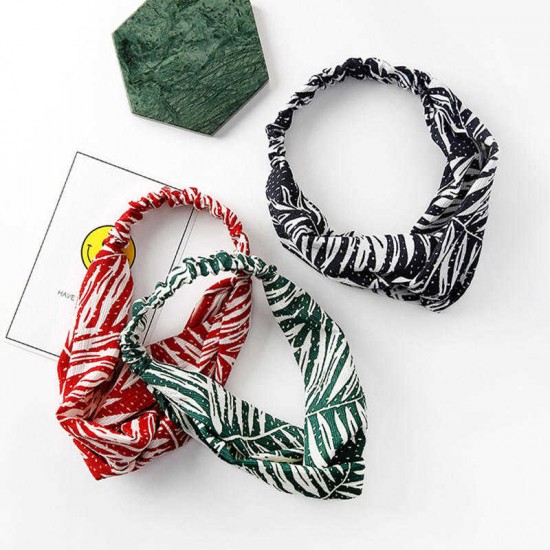 Women Palm Leaf Plant Hairband Wide Side Casual Cross Headband Hair Accessories