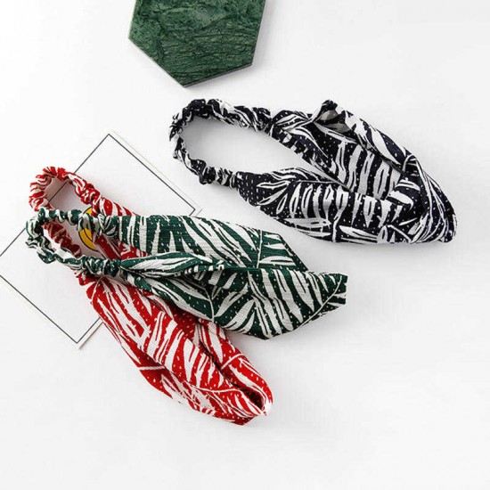 Women Palm Leaf Plant Hairband Wide Side Casual Cross Headband Hair Accessories